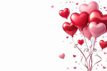 Red and pink heart balloons with ribbons on white for love events