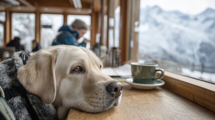 Tranquil Mountain Cafe Scene with Guide Dog Resting Under Table, Owner Enjoying Cocoa, and Snowy Peaks View through Windows