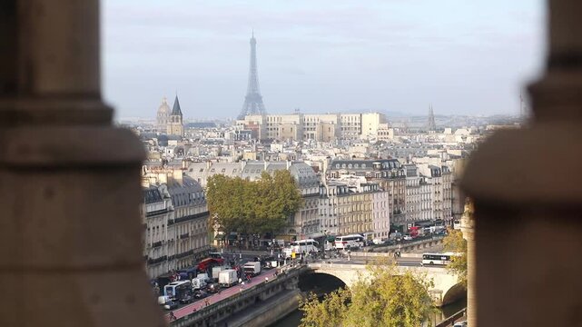 Aerial view of Paris rooftops and Eiffel Tower with the Seine River
