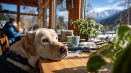 Serene Moment: Guide Dog Resting Under Mountain Cafe Table, Owner Enjoying Cocoa with Snowy Peaks View Through Windows