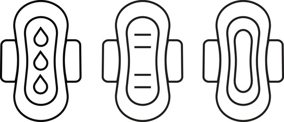 Menstrual pad icons set line styles. Feminine hygiene product symbol showing sanitary pad, absorbent napkin, period protection and women’s care vectors illustration isolated on transparent background.