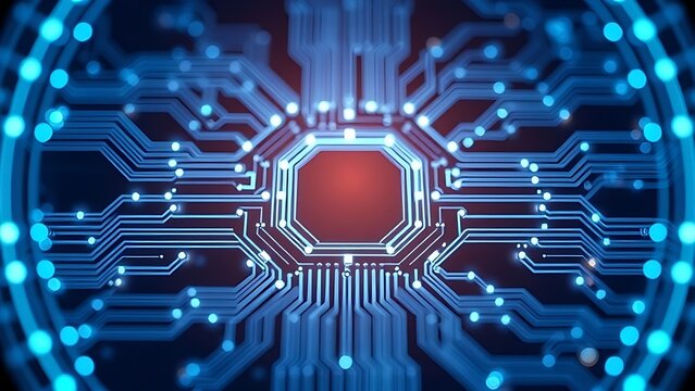 cynic. Glowing blue and white circuit patterns on a dark background, abstract tech concept. symbolizing technological progress and responsible innovation.