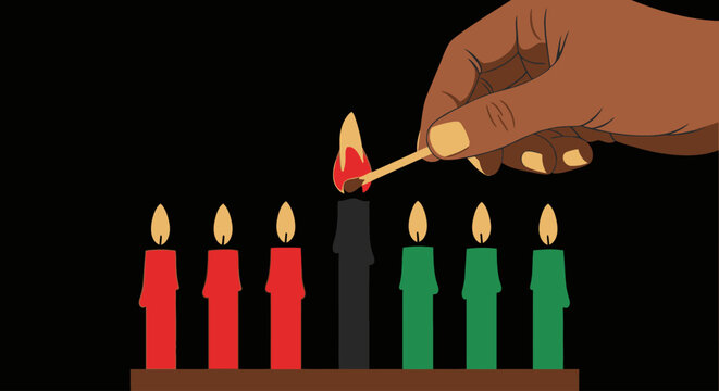 A hand lights the black candle in the center of a Kinara with red and green candles on either side. - Powered by Adobe