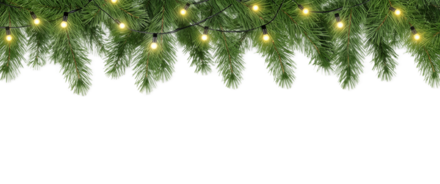 Vibrant Pine Branch Garland with Warm Glowing String Lights, a Lucid Realism Digital Illustration for Festive Season Designs and Holiday Banners and Borders
