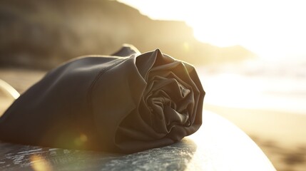 rashguard. Rolled-up rashguard resting on a surfboard at the beach in sunlight. event key visuals, club posters, designed for fitness apps and gym onboarding, used by fitness trainers.