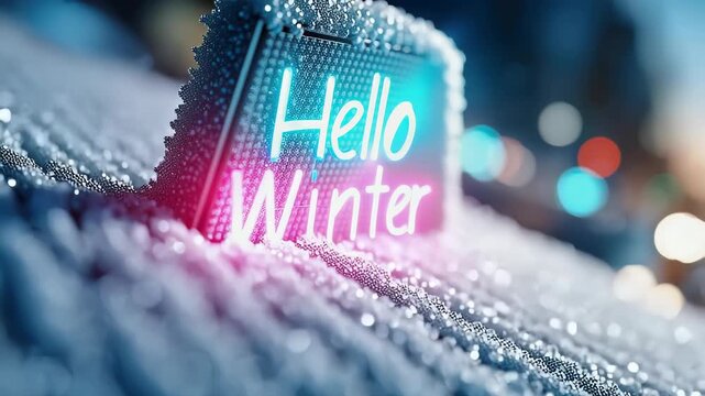 Glowing neon Hello Winter sign reflecting on a wet surface, symbolizing modern style and festive atmosphere