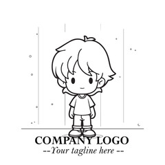 Black and White Chibi Boy Illustration with Jacket and Boots in Bold Thick Line Art Minimal Style
