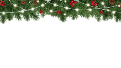 Festive Christmas garland with warm white fairy lights, pine cones, and holly berries on a white background, perfect for holiday decor