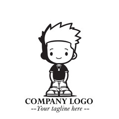 Black and White Chibi Boy Illustration with Jacket and Boots in Bold Thick Line Art Minimal Style