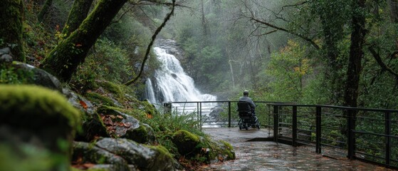 Exploring Nature with Ease: Mobility Scooter User Admiring Waterfall from Accessible Overlook with Safety Rail, Mossy Rocks, and Gentle Mist