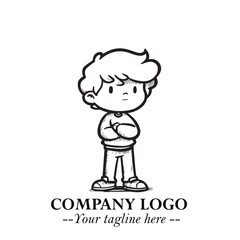 Black and White Chibi Boy Illustration with Jacket and Boots in Bold Thick Line Art Minimal Style