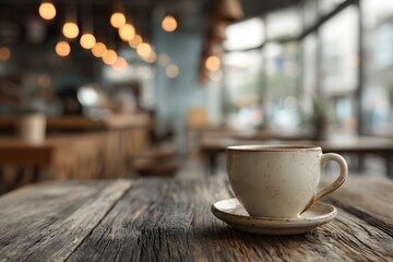 Fototapeta premium Clean, minimalist photo of a simple off-white coffee cup resting on a rustic wooden table, with a brightly lit but completely blurred cafe interior.