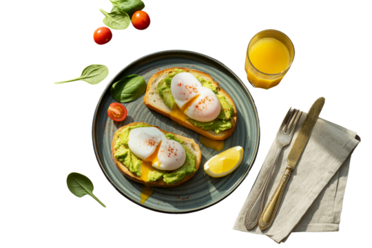 Rustic Avocado Toast Breakfast with Poached Eggs and Fresh Ingredients  on white background 