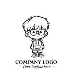 Black and White Chibi Boy Illustration with Jacket and Boots in Bold Thick Line Art Minimal Style