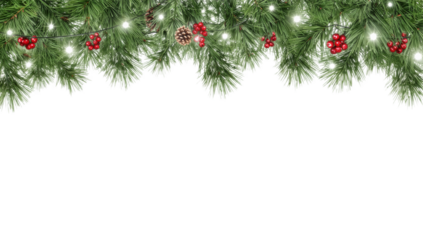 Realistic digital illustration of a festive Christmas evergreen border, adorned with sparkling lights, red berries, and pinecones, on a pristine white background, perfect for holiday season designs