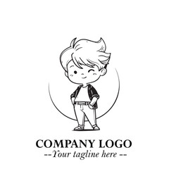 Black and White Chibi Boy Illustration with Jacket and Boots in Bold Thick Line Art Minimal Style