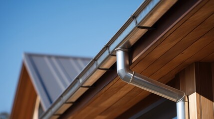 Close-up view of sleek metal rain gutter system on a roof