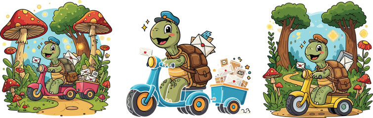 Cute cartoon turtle mail carrier riding scooter delivering letters through forest with mushrooms and happy nature background illustration