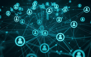 Abstract digital network of connected user profiles in a glowing blue futuristic cyberspace