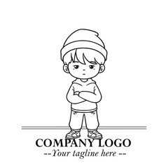 Black and White Chibi Boy Illustration with Jacket and Boots in Bold Thick Line Art Minimal Style