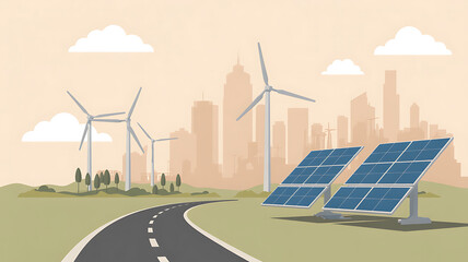 Sustainable energy landscape with solar panels and wind turbines near a city skyline