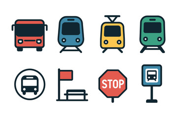 Transport icons: colorful bus, train, and stop sign designs with flat style