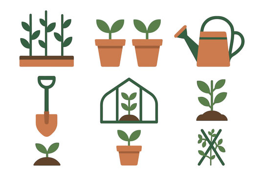 Minimalist garden tools and plants icons for home gardening enthusiasts