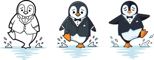 Cute penguin dancing happily in tuxedo suit, adorable animal cartoon illustration, funny arctic character splashing water art for kids