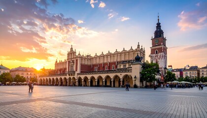 Krakow's Main Market Square showcases historical architecture under a vibrant sunset, soft blur
