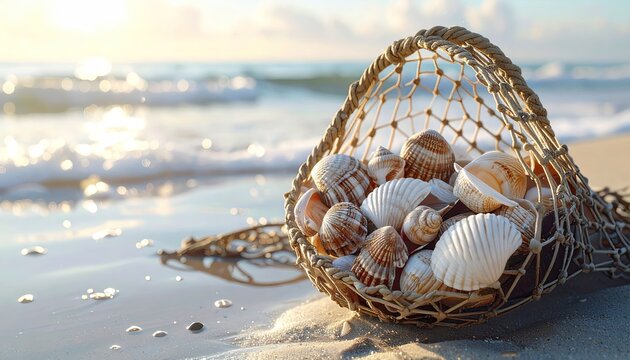 Seashells in a Net Bag on a Sandy Beach at Sunrise with Sparkling Ocean Waves and Golden Sunlight Reflections on Wet Sand
