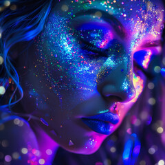 A beautiful girl with her unique, glowing blue glitter all over her face, radiating confidence and style.