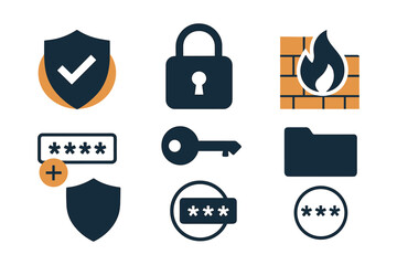 Cybersecurity icons: lock, firewall, key, and shield symbols for data protection