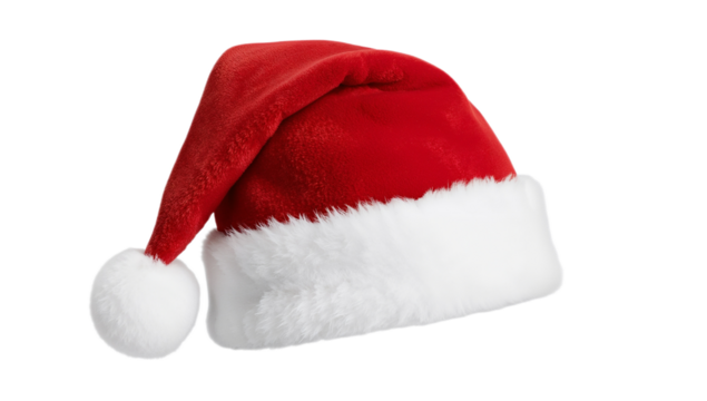 A festive, classic red Santa Claus hat with fluffy white fur trim and a pom-pom, captured in a lucid, realistic style and isolated on a pure white background