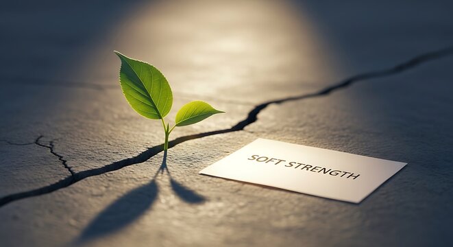 Resilient seedling breaks through cracked concrete symbolizing hope and inner strength emerging against adversity with a card reading 'SOFT STRENGTH' suggesting gentle power and quiet determination