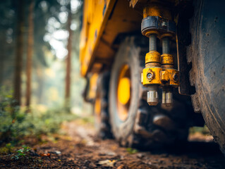 Heavy machinery wheel and hydraulic system component in a forest setting