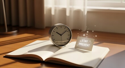 Find inner peace and mindfulness with this serene desk setup featuring an open book, a classic alarm clock, and a glowing reminder to stay present amidst gentle sunlight and soft curtains.
