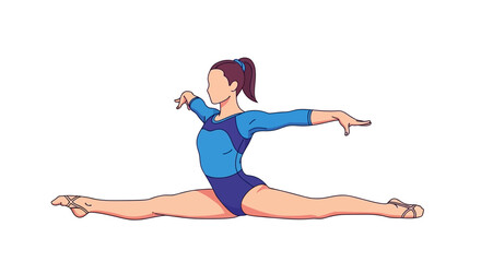 Graceful female athlete in a vibrant blue leotard performing a full split, highlighting body control, flexibility, and dedication in competitive sports