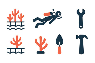 Fototapeta premium Minimalistic marine and construction icons with diving and coral elements