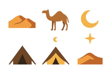 Desert adventure icons: camel, tents, crescent moon, star, sand dunes in flat style