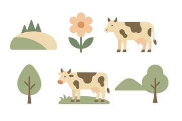 Obraz premium Charming farm landscape with cows and nature elements in pastel flat design