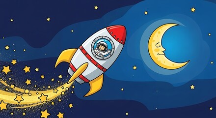 Young Girl Flying in a Rocket Through Space