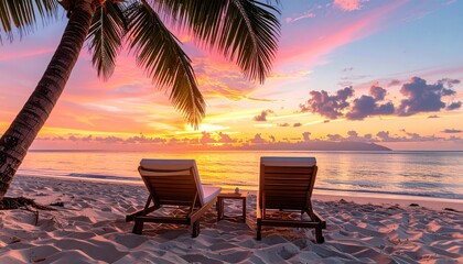 Tropical beach sunset with two empty lounge chairs and a palm tree on the sand casting long shadows with warm golden hour light reflecting on the calm ocean waves and colorful clouds in the sky