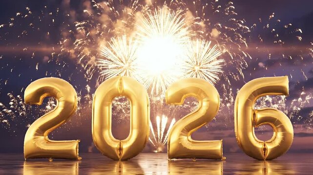 New Year 2026 Celebration with Golden Balloons and Fireworks Display