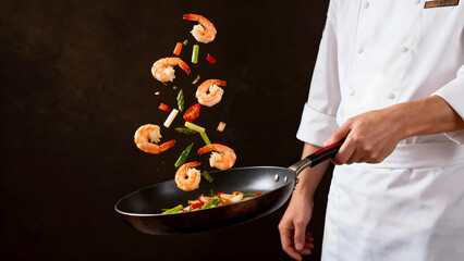Chef cooking shrimp and vegetables
