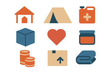 Essential survival icons in a flat design style featuring tent, first aid, and shelter elements