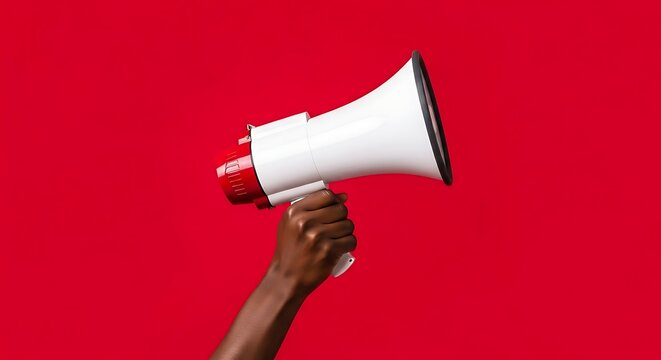 Hand Holding Red and White Megaphone on Clean Red Background