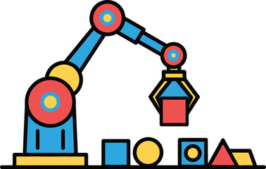 Industrial robotic arm with gripper sorting geometric shapes on a factory floor