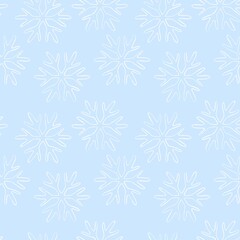 Hand drawn seamless winter pattern with snowflakes on a light blue background. Simple geometric design perfect for wrapping paper, textiles, wallpapers, and holiday decorations