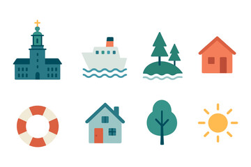 Naklejka premium Nautical and nature icons collection with churches, ships, and homes in flat design