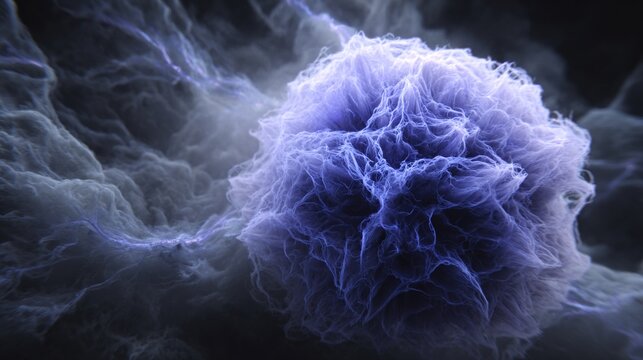 submicroscopic. A single, complex, glowing molecule emerges from a dark, primordial aqueous solution, symbolizing the spark of life. STEM education sheets.